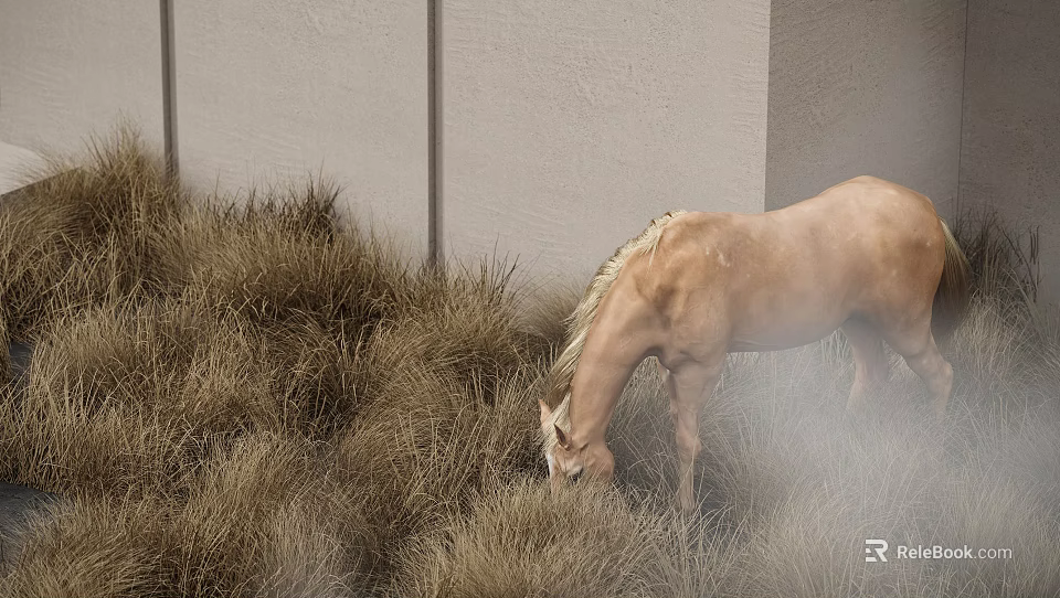 Light Brown Horse Grazing In Tall Dry Grass With Light Colored Wall In Background 3d model 