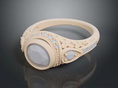 Ivory Carved Ring With Oval Gemstone Small Blue Stones And Square Accents 3d model
