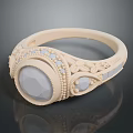Ivory Carved Ring With Oval Gemstone Small Blue Stones And Square Accents