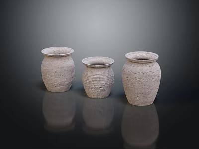 Three Handmade Textured Ceramic Vases On Black Smooth Surface With Reflection 3d model