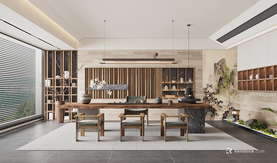 Traditional Tea Room Interior With Long Wooden Table Wooden Chairs Bookshelves And Hanging Lights 3d model 
