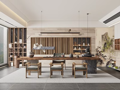 Traditional Tea Room Interior With Long Wooden Table Wooden Chairs Bookshelves And Hanging Lights 3d model