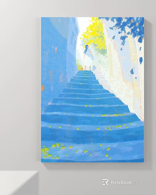 Vibrant Landscape Painting of Blue Stairs with White Walls Blue Accents Yellow Flowers and Distant Figure 3d model 