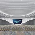 Modern Spacious Conference Room With Curved White Ceiling Lighting Large Screen And Neatly Arranged Tables