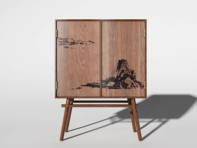 Wooden Sideboard with Mountain Painting Design and Stand Legs in Oriental Style 3d model