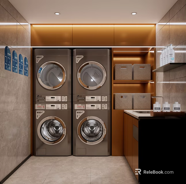 Modern Laundry Room Interior With Stacked Washing Machines Dryers Sink Counter And Storage Baskets 3d model 