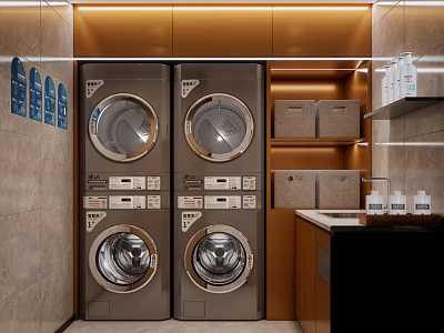 Modern Laundry Room Interior With Stacked Washing Machines Dryers Sink Counter And Storage Baskets 3d model