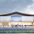 Modern Tourist Center With Glass Facade White Pattern Decoration Plaza People Walking