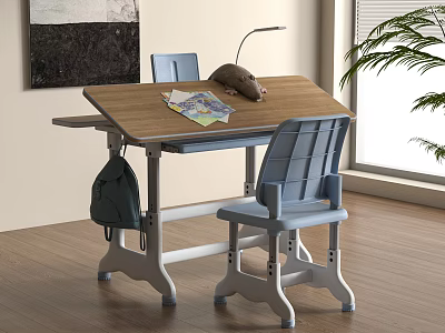 Kids Wooden Study Desk with Chair Lamp School Supplies and Backpack for Children 3d model