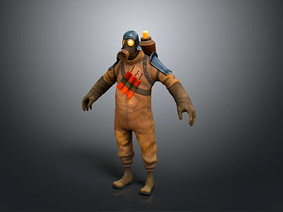 Protective Suit With Gas Mask And Backpack Tank Brown Outfit Red Black Patterns Gloves Boots 3d model
