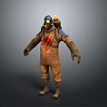 Protective Suit With Gas Mask And Backpack Tank Brown Outfit Red Black Patterns Gloves Boots