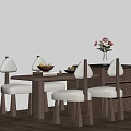 Modern Dining Area Featuring Wooden Island With Chairs Fruit Bowl And Vase Decoration