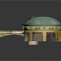 Ancient Scene With Dome Building Yellow Base Orange Canopies Tower And Connecting Walkway