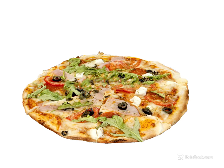 Delicious Pizza Topped With Arugula Olives And Ham 3d model