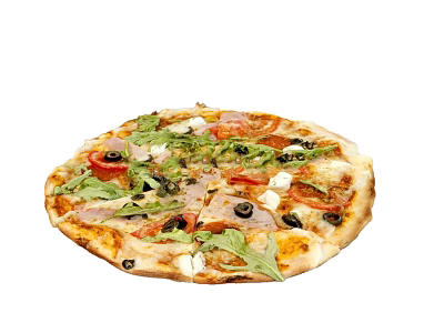 Delicious Pizza Topped With Arugula Olives And Ham 3d model