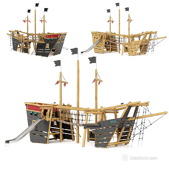 Wooden Building Blocks Pirate Ship With Slide Rope Net Masts And Flags 3d model 