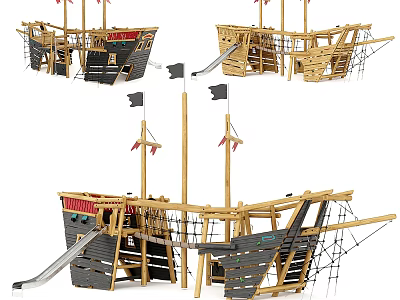 Wooden Building Blocks Pirate Ship With Slide Rope Net Masts And Flags 3d model