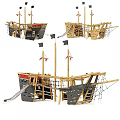 Wooden Building Blocks Pirate Ship With Slide Rope Net Masts And Flags