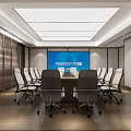 Spacious Conference Room With Long Table Red Emblem Chairs And Wooden Floor