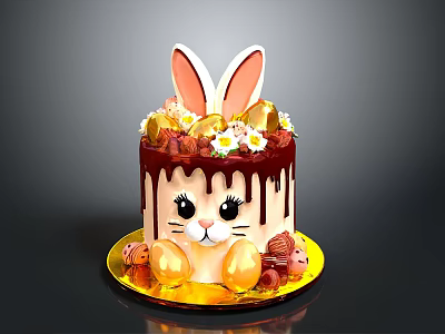 Cute Rabbit Themed Cake With Ears Chocolate Drizzle Decorative Flowers Golden Balls And Nuts 3d model