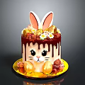 Cute Rabbit Themed Cake With Ears Chocolate Drizzle Decorative Flowers Golden Balls And Nuts