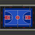 Basketball Court With Blue Floor Red Markings Fence Hoops And Lighting Poles