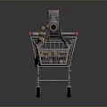Futuristic Gatling Gun Placed in Shopping Cart With Ammunition Belts And Warning Signs