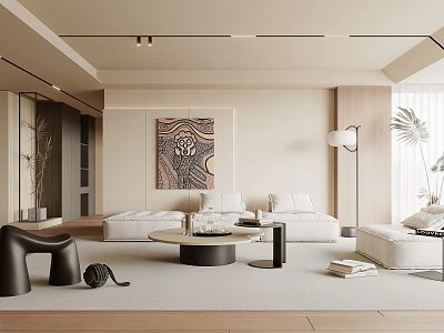 Modern Living Room Interior Design With White Sofa Round Coffee Table And Decorative Painting 3d model