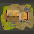Whimsical 3D Building Model Featuring Yellow Roof Orange Walls Awning Green Grass And Fence