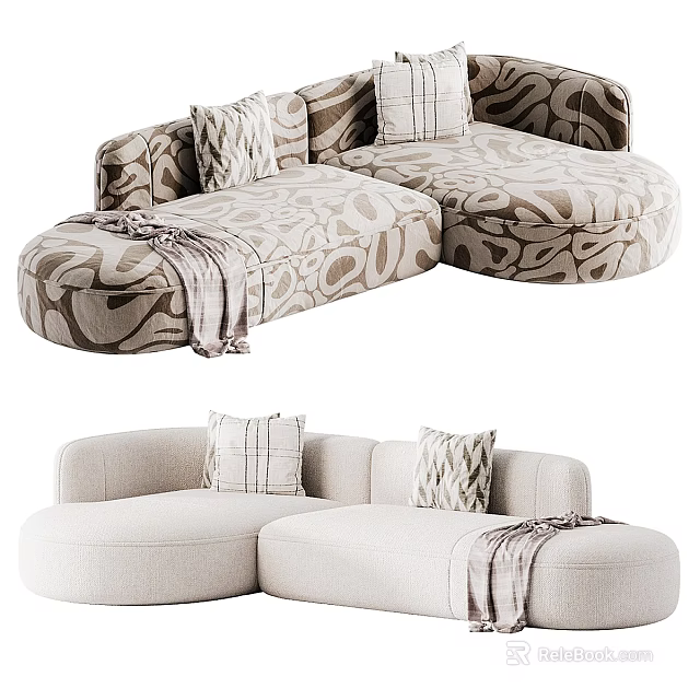 Modern Cozy Sectional Sofa with Plaid Pillows and Throw Blanket in Beige and Patterned Fabric 3d model 