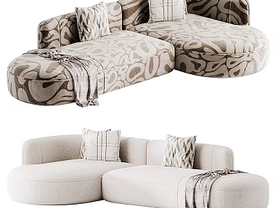Modern Cozy Sectional Sofa with Plaid Pillows and Throw Blanket in Beige and Patterned Fabric 3d model