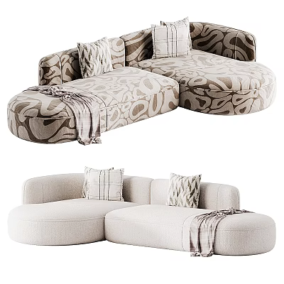 Modern Cozy Sectional Sofa with Plaid Pillows and Throw Blanket in Beige and Patterned Fabric 3d model