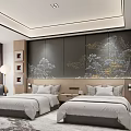 Modern Hotel Guest Room Interior With Twin Beds And Landscape Headboard Wall