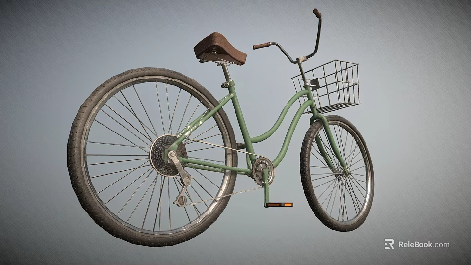Game Movie Character's Vintage Green Bicycle With Brown Seat Metal Basket And Large Wheels 3d model 