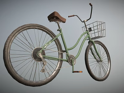 Game Movie Character's Vintage Green Bicycle With Brown Seat Metal Basket And Large Wheels 3d model