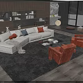 Modern Living Room Sofa Coffee Table Set With Red Armchairs Decorative Pillows And Area Rug
