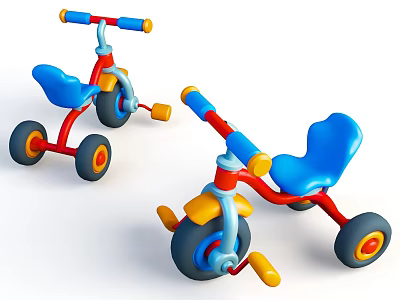 Colorful Children's Tricycles With Blue Seats Red Frames And Large Wheels 3d model