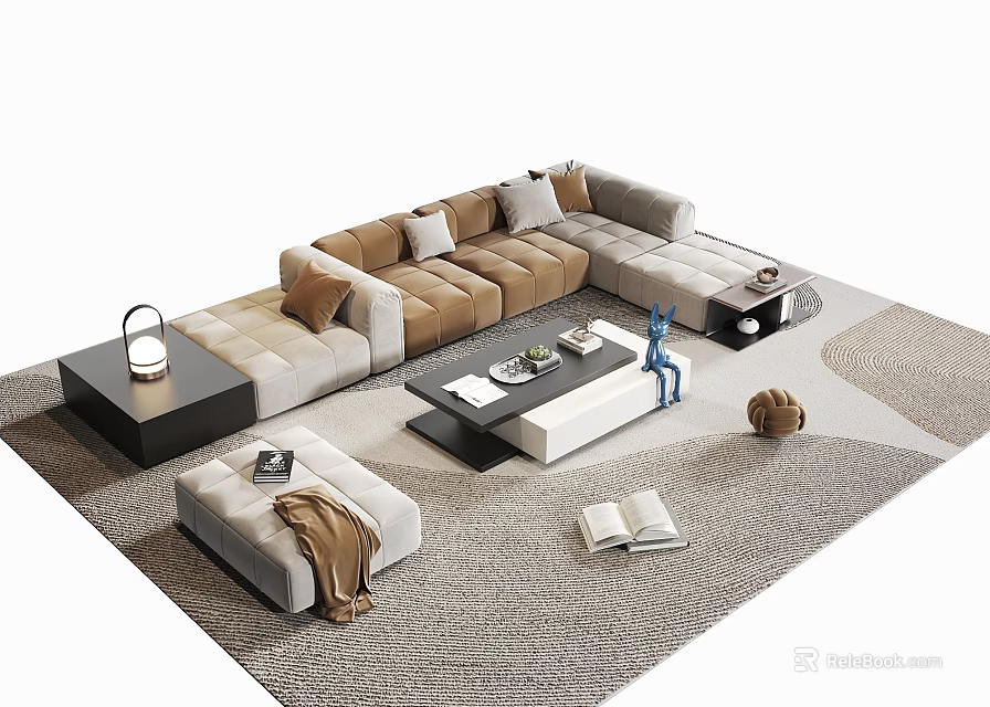 Modern Sofa Coffee Table Combination With Beige Tones Pillows Side Stool And Decorative Rug 3d model 