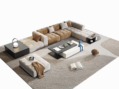 Modern Sofa Coffee Table Combination With Beige Tones Pillows Side Stool And Decorative Rug 3d model