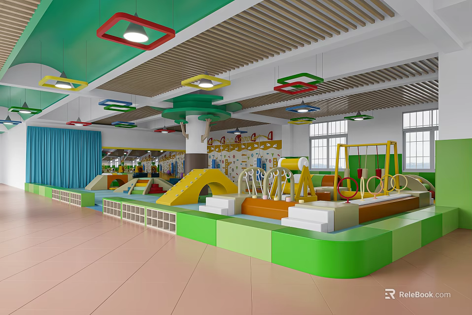 Colorful Kindergarten Indoor Play Area With Slides Climbing Frames And Hanging Lights 3d model 