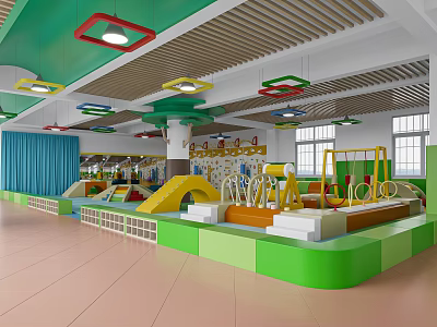 Colorful Kindergarten Indoor Play Area With Slides Climbing Frames And Hanging Lights 3d model