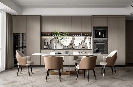 Modern Restaurant Dining Table and Chair Combination West Cabinet Wine Cabinet Baked Steamed Micro Wine Bottle Curtain 3d model