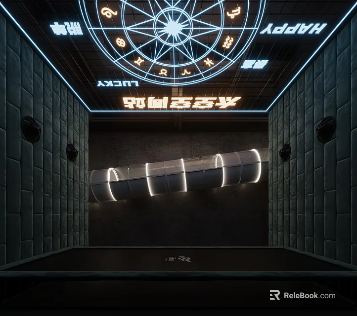 Modern Time Space Art Gallery With Stone Walls Circular Neon Ceiling And Curved Installation 3d model 
