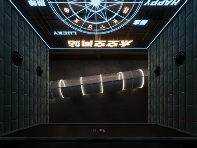 Modern Time Space Art Gallery With Stone Walls Circular Neon Ceiling And Curved Installation 3d model