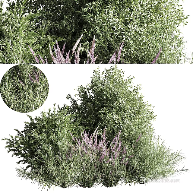 Lush Green Shrubs With Purple Flowers And Dense Foliage 3d model 