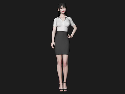 Woman in White Shirt and Black Skirt with High Heels Against Black Background 3d model