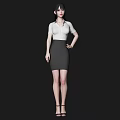 Woman in White Shirt and Black Skirt with High Heels Against Black Background