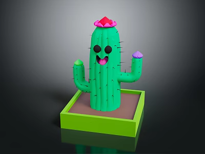 Cartoon Green Cactus With Smiling Face Red Flower And Purple Decorations In Square Green Pot 3d model