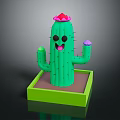 Cartoon Green Cactus With Smiling Face Red Flower And Purple Decorations In Square Green Pot