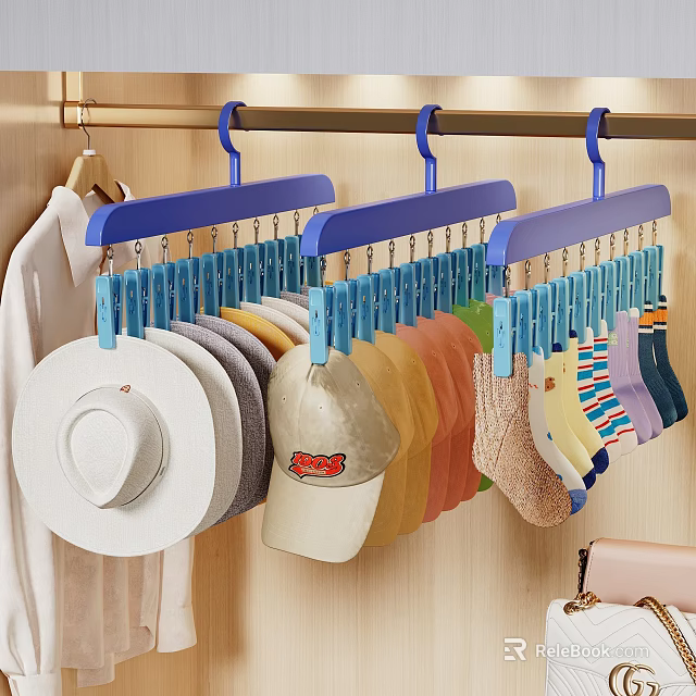 Hats Organized On Blue Clothespin Hangers With Wide Brim And Baseball Cap Storage 3d model 